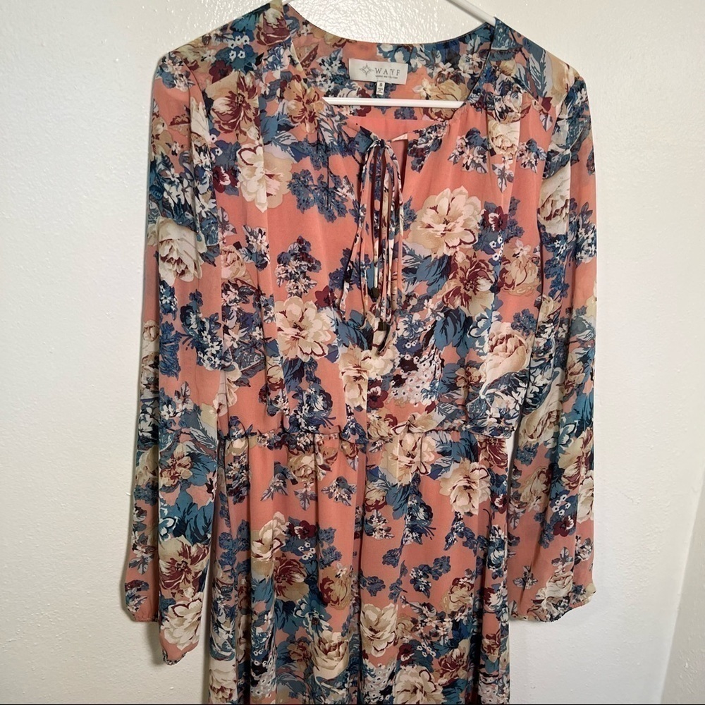 Wayf Women's Size Small Midi Dress Light Pink Teal Beige Floral Long Sleeve - Picture 3 of 14